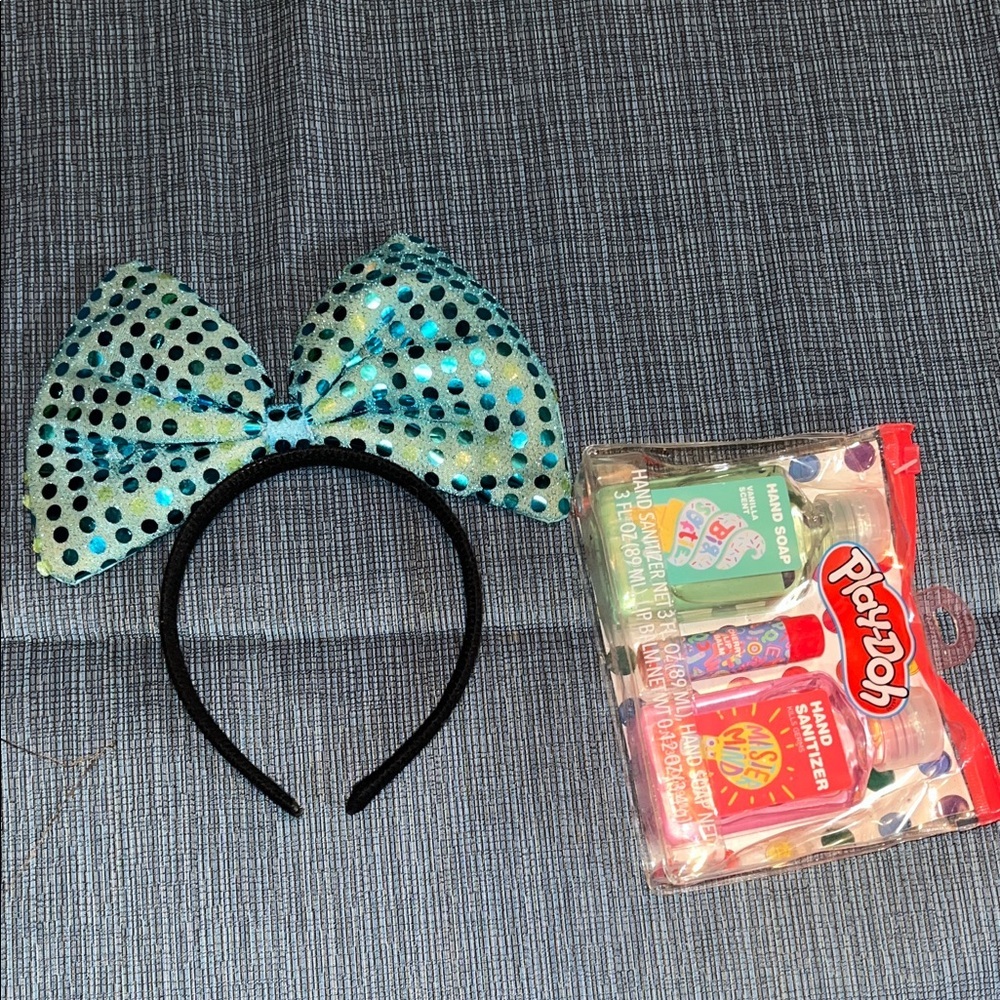 Blue Polka Dot Bow Sequins Headband/ Playdoh Sanitizer